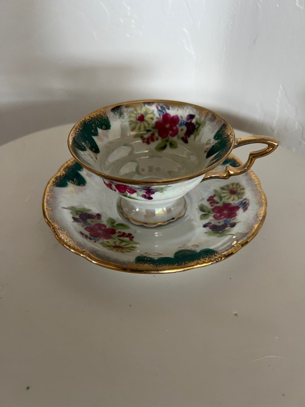 Vintage Floral Teacup and Saucer in Green and Gold